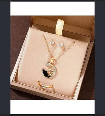 Trendy Jewelry Set Combo - Chain Locket, Adjustable Ring, Earrings + Stylish Leather Bracelet Gift Set R5839