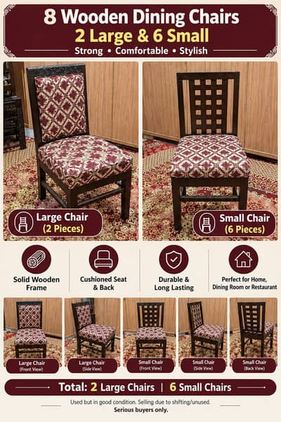 8 Wooden Dining Chairs – 6 Large & 2 Small
