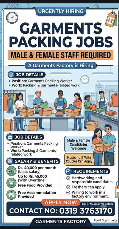 Garments Factory Packing Workers Required | Male & Female jobs Lahore