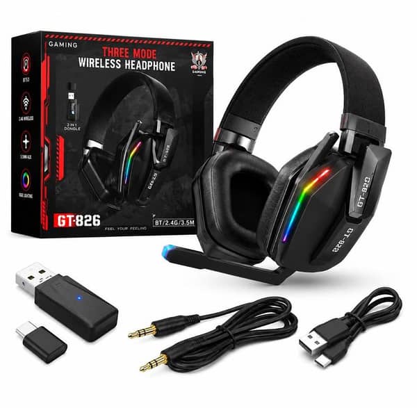 RGB Gaming Headset GT-826 | Wireless Bluetooth + USB Dongle + AUX | Low Latency with Mic