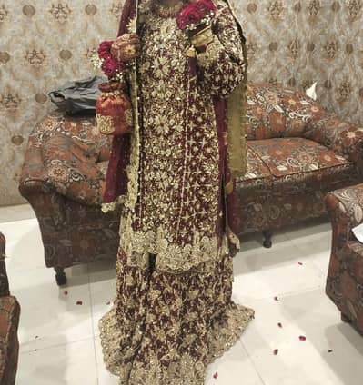 Beautiful Maroon & Golden Bridal Dress for Sale