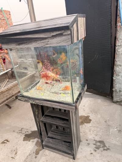 Fish Aquarium with Wooden Stand, Heater & Blue LED Lights