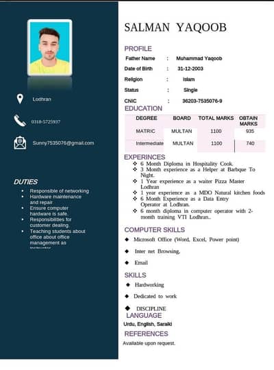 looking for a job in Rawalpindi and Islamabad