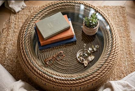 Handmade Tyre Coffee Table With Glass Top - Jute Rope - 18 Inch