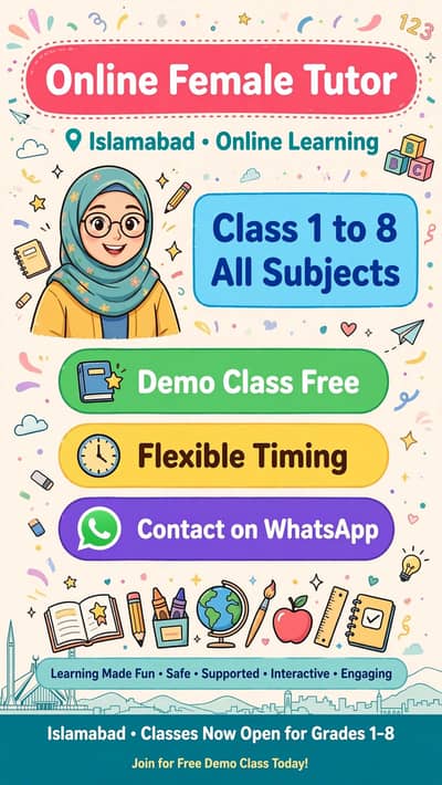 Online Female tutor class 1 to 8 Math English Islamabad