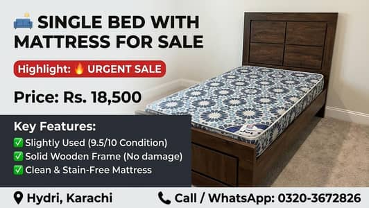 Slightly Used Single Wooden Bed with Mattress - Urgent Sale