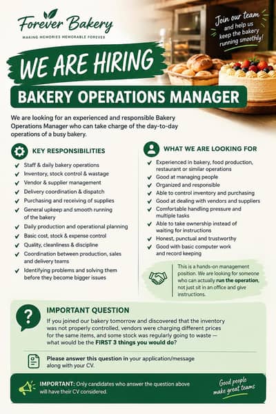 bakery manager required on lahore