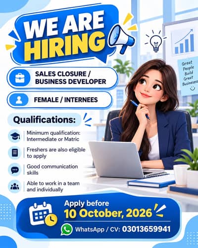 We hiring female intern for sales closure/ business developer: 