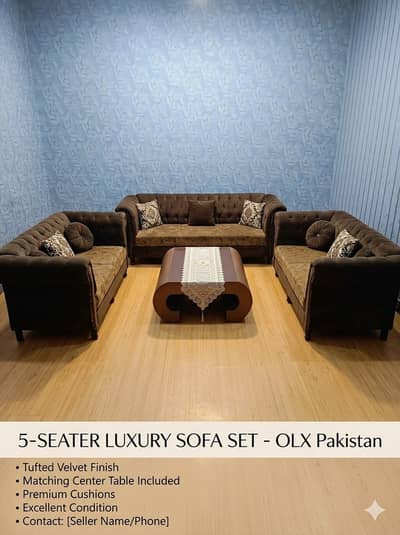 5 Seater Luxury Sofa Set | Velvet Sofa Set with Center Table |