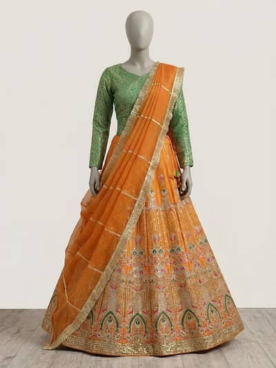 Green & Orange Elegant Lehenga Choli with Full-Size Dupatta