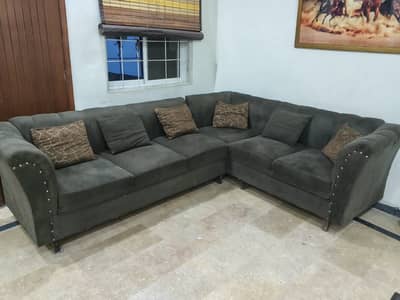 Brown velvet L shape sofa
