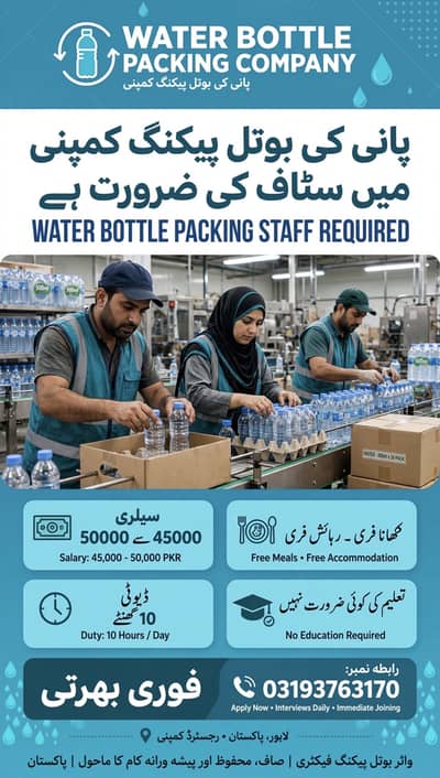 Water bottle packing staff required male female urgent hriing