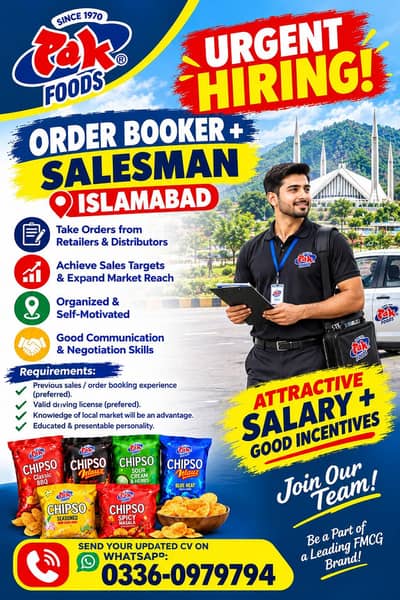 Urgent Required Order Booker + salesman