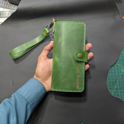 Green Leather Wristlet Wallet, Long Bifold Organizer with ID Windows