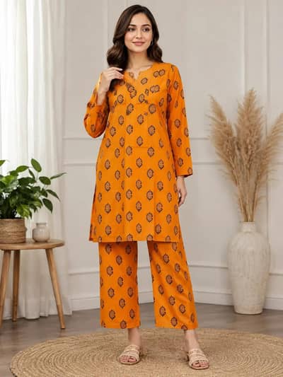 Women's Mustard Orange Printed 2 Pcs Suit - Stitched - Cotton Linen
