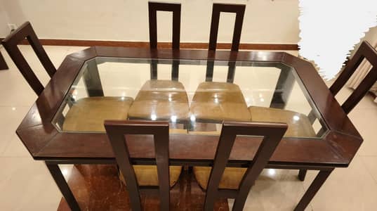 Dining Table Solid Wood with Glass Top and 6 chairs