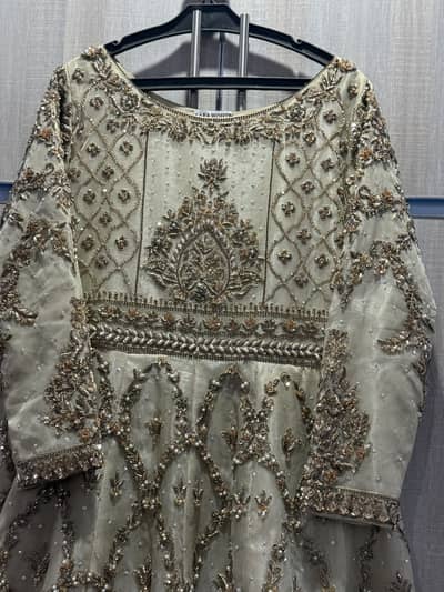 Bridal Walima Heavy Embroidered Maxi - Light Gold Dabka & Pearl Work