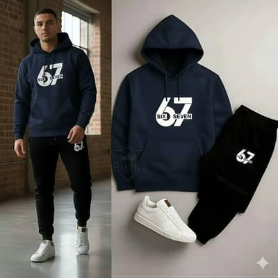 Men Navy Blue & Black Printed Hoodie Track Suit 67