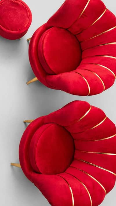 Premium Red Velvet Shell Chair Set with Stool. . .