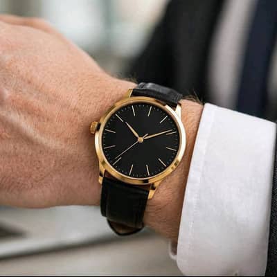 Premium Black Gold Leather Watch For Men - With Box - Faisalabad