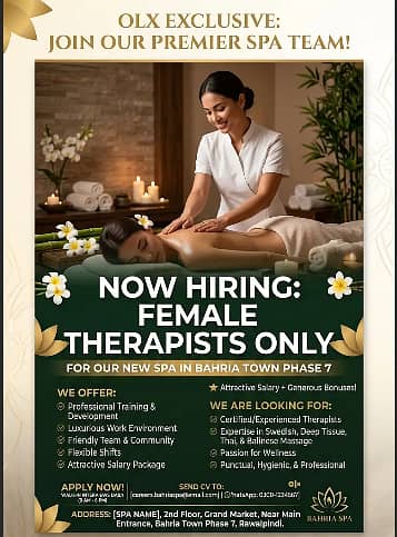 Urgently Hiring Female Staff – Spa & Salon, Bahria Phase 7