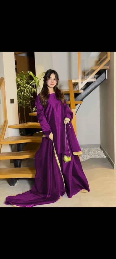 Purple 3Pcs Stitched Sharara Suit with Organza Dupatta