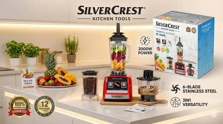 T  2 in 1 & 3 in 1 Silver Crest Blender Juicer Grinder Machine | Heavy Duty Powerful Motor | Unbreakable Jug | German Technology | Electric Kitchen Food Processor Chopper Smoothie Ice Crusher | Commercial & Home Use