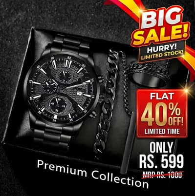 Premium Black Stylish Watch with Matching Chain Bracelet for Men