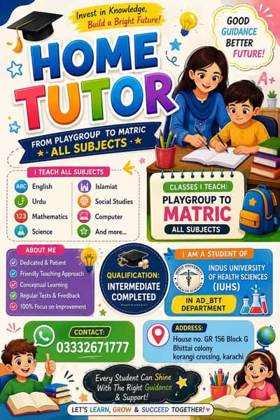 Home Tutor in Bhittai Colony Korangi Crossing PG to Matric
