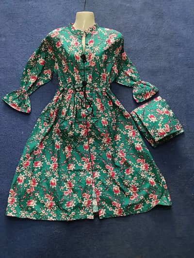 Green Floral Printed Cotton 2Pcs Frock Suit - Standard Size