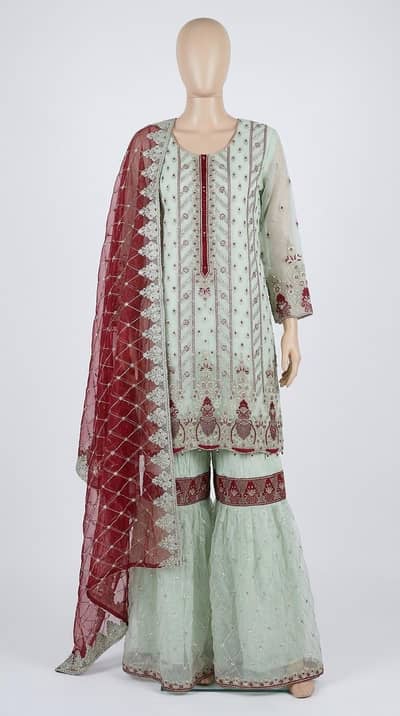 Fancy Mint Green & Maroon Designer Sharara Suit | Formal Wedding Wear