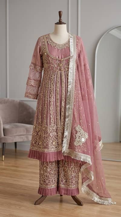 Fancy Dusty Rose Mauve Front-Open Frock Suit with Net Dupatta