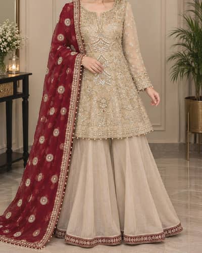 Golden Embroidered Short Frock with Palazzo | Formal Dress