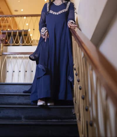 Elegant Navy Blue Formal Maxi with Embroidered Neckline and sleeves
