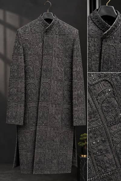 premium black sherwani, wedding groom sherwani, embroidery sherwani