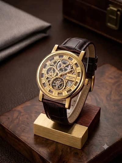 Luxury Skeleton Transparent Dial Watch with Leather Strap