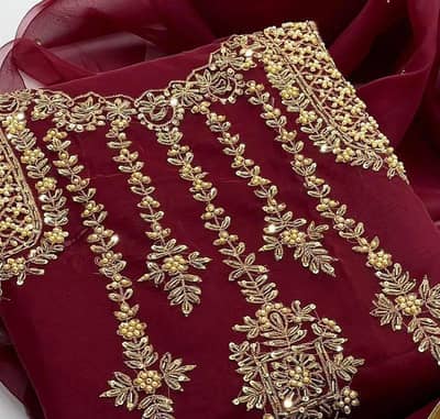 Maroon Organza Party Wear - 4 Pcs Suit with FREE Matching Khussa