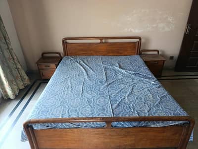 Wooden Double Bed with Mattress and Side Tables For Sales