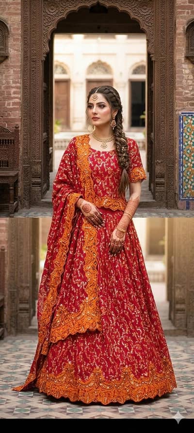 Beautiful Girls Party Wear Dress – Red & Golden Embroidered – 3 Piece