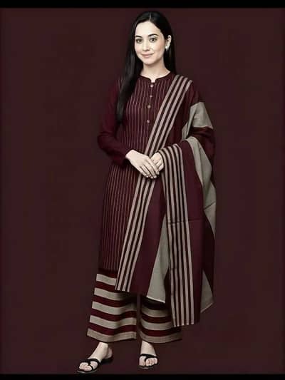 3 Pcs Maroon Striped Khaddar Suit - Free Delivery