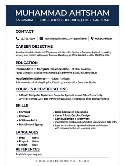 ICS + Computer Diploma - need job as computer operator in multan