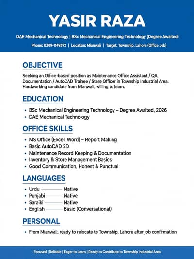DAE Mechanical Need Office Job Township Lahore - 03091149372*