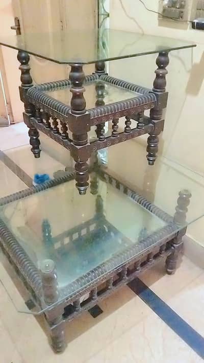 3 pc Wooden Center Table Set - Sheesham Wood - 1 glass Broke
