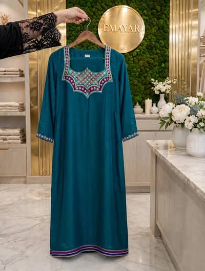 Hand Embroidered Teal Blue Winter Dress - EMAYAR