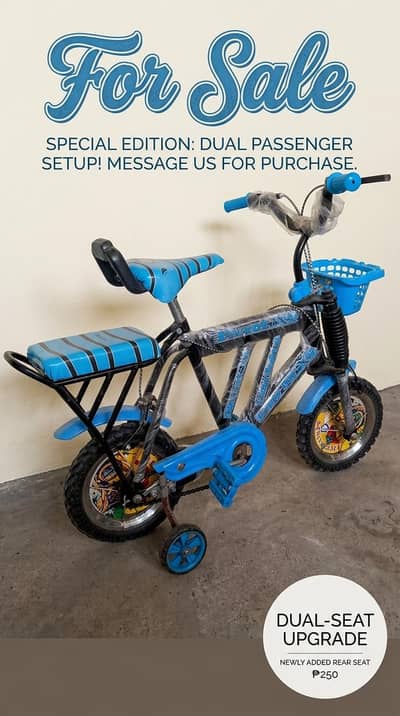 kids bicycle blue and black with basket.