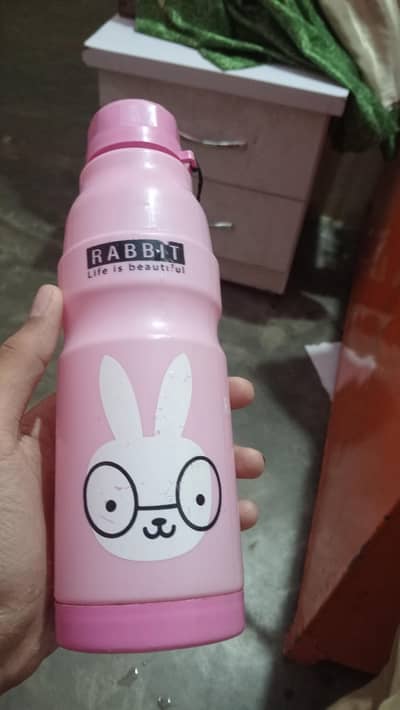 Cute Pink Rabbit Water Bottle | Kids & Girls | Carry Strap