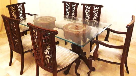 Premium Sheesham Wood - Glass Top Dining Carved 6-Seater Dining Table