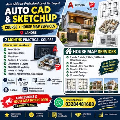 AutoCAD 2D & SketchUp 3D Course – 2 Months and 2D and 3D house map des