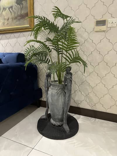 Decorative Floor Planter with Artificial Palm and Unused Stones