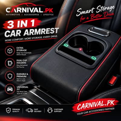 3-in-1 Car Armrest | Smart Storage + Dual Cup Holder | CARNIVAL. PK